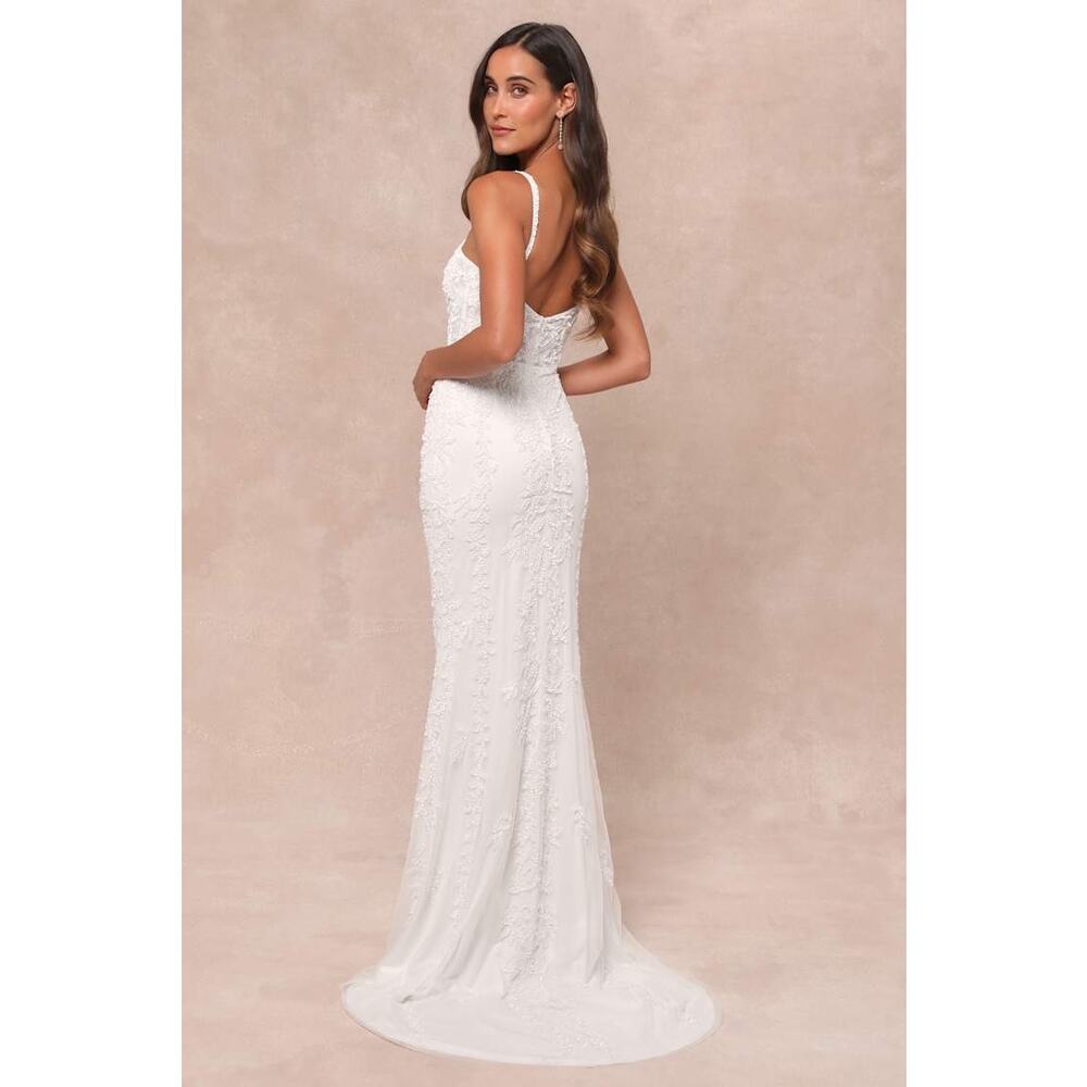 NWT Lulus Momentous Love White Beaded Bustier Mesh Mermaid Maxi Dress Bride XS